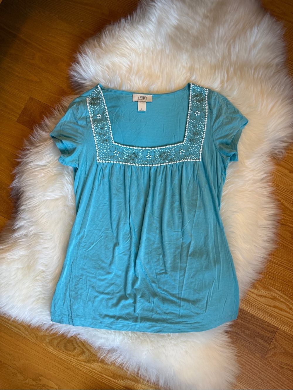 LOFT Turquoise Beaded Square-Neck Short Sleeve Top